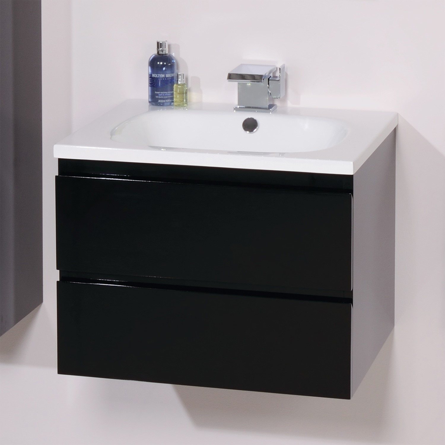 600mm Wall Hung Vanity Basin Unit Black Double Drawer Barcelona Range Better Bathrooms