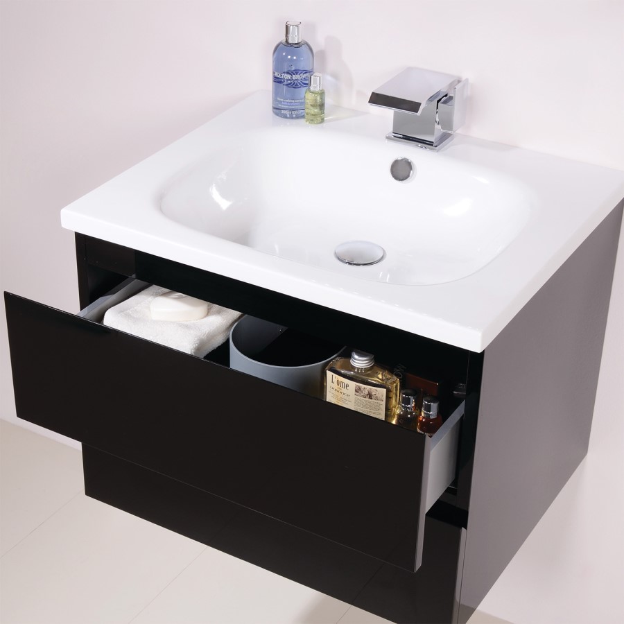 600mm Wall Hung Vanity Basin Unit - Black Double Drawer - Barcelona Range