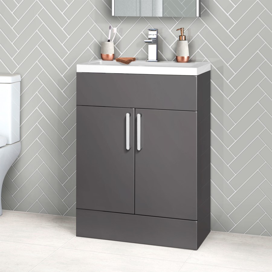 Fusion 600mm Grey Gloss Freestanding Two Door Vanity Unit