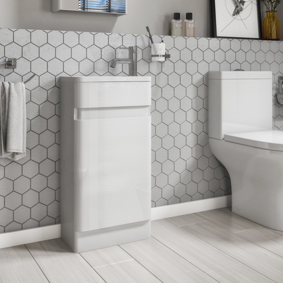 410mm Floor Standing White Gloss Vanity Unit with Close Coupled Toilet Suite - Portland 
