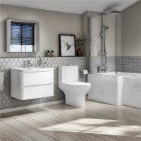 Portland 600 Wall Mounted Ice White Gloss Vanity Unit with Portland Close Coupled Toilet Suite Portland 600 Wall Mounted Ice White Gloss Vanity Unit with Portland Close Coupled Toilet Suite