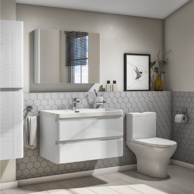 Portland 800 Wall Mounted Ice White Gloss Vanity Unit with Portland Close Coupled Toilet Suite