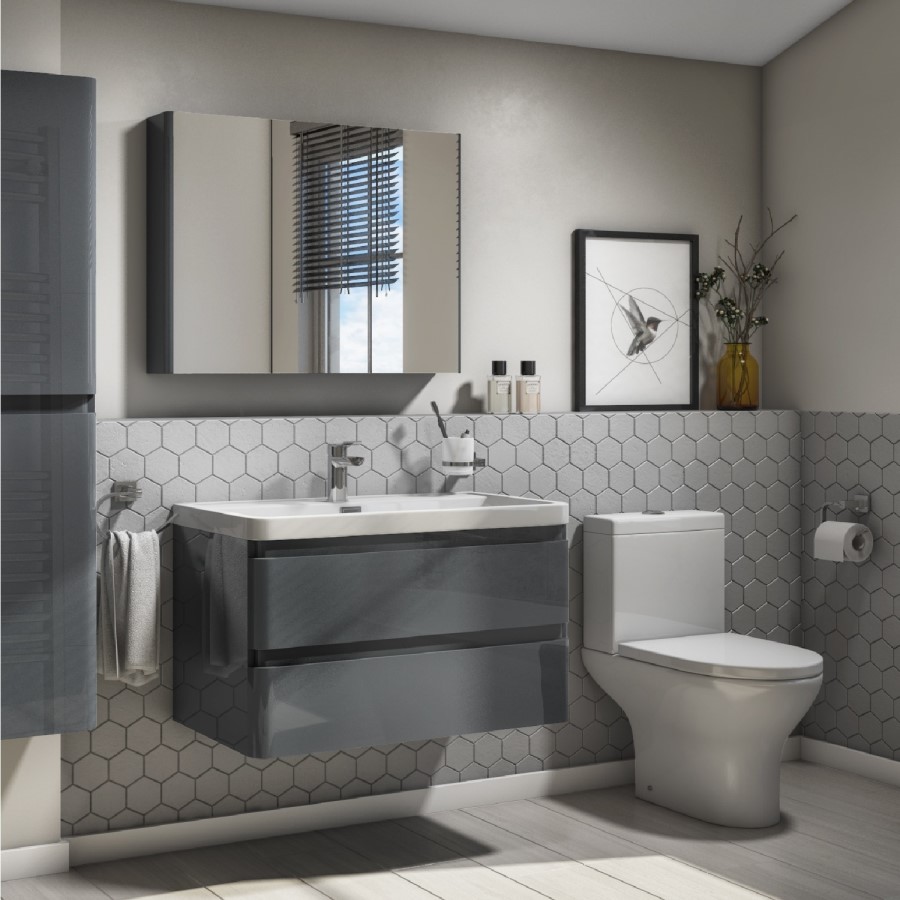 Portland 800 Wall Mounted Storm Grey Gloss Vanity Unit with Portland Close Coupled Toilet Suite