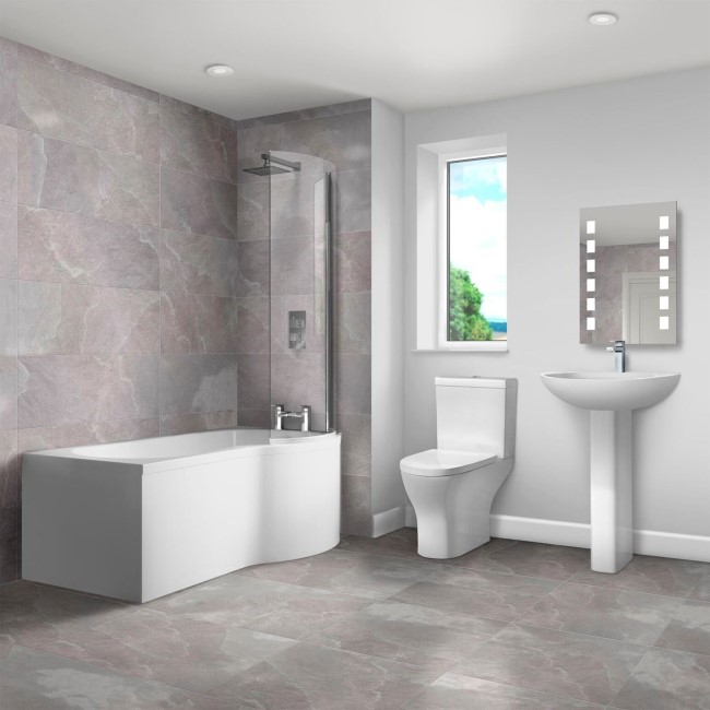 Right Hand P Shaped Bath Suite with Portland Toilet & Basin - Includes Front Panel & Screen