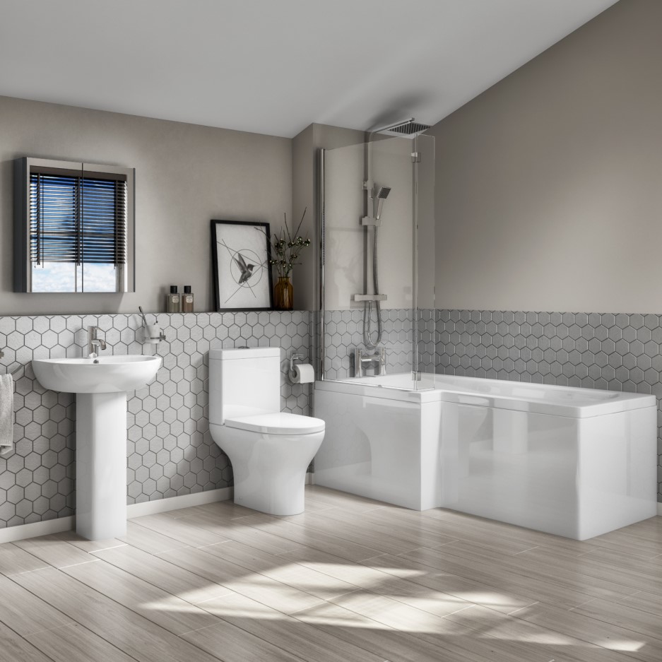 LShaped Left Hand Bath Suite with Portland Close Coupled Toilet & Basin Better Bathrooms
