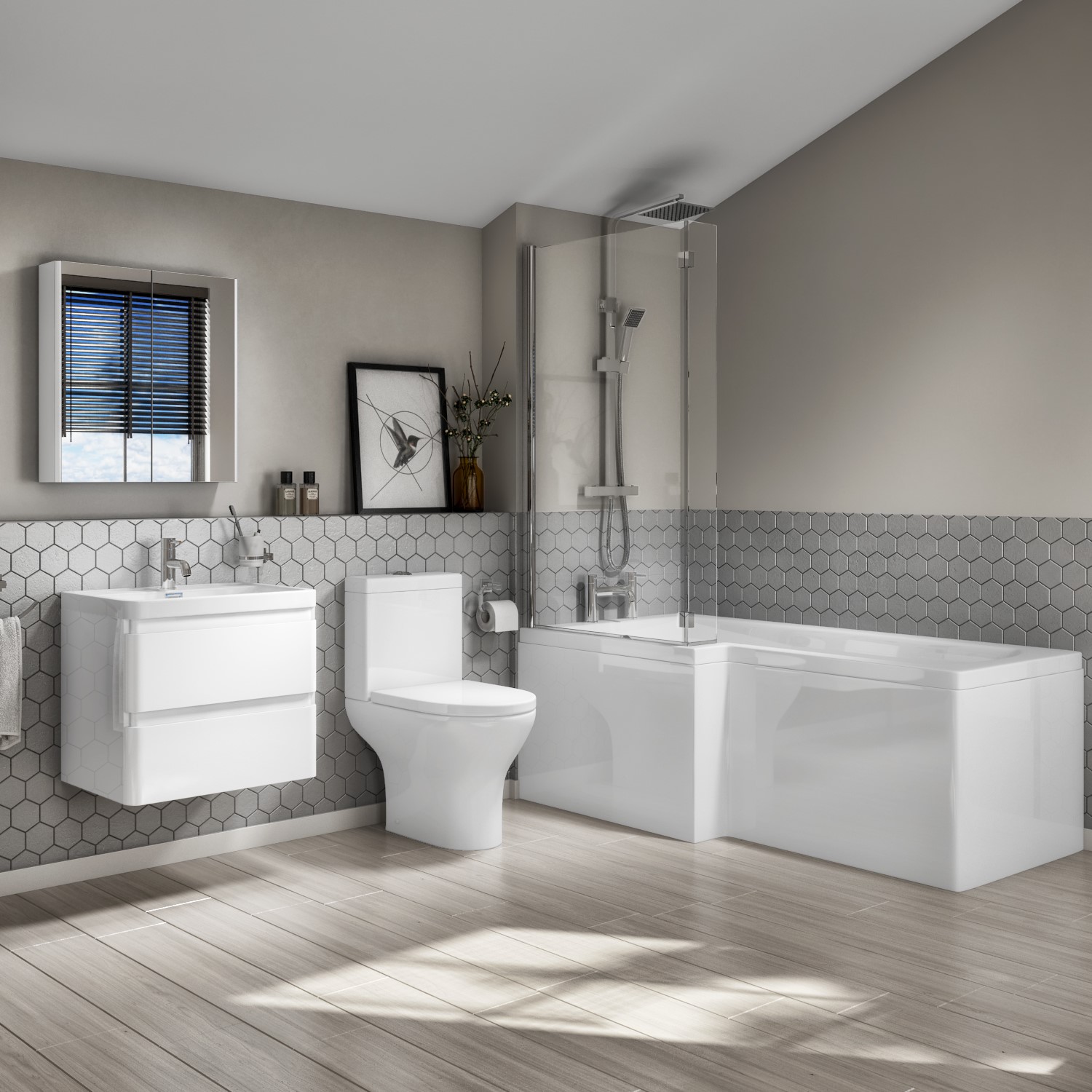 L Shaped Bath Suite With 600mm Wall Hung Vanity Unit And Toilet Portland Better Bathrooms L Shaped Bath Suite With 600mm Wall Hung Vanity Unit And Toilet Portland Better Bathrooms