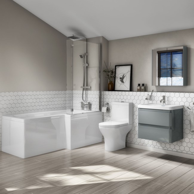 L Shaped Right Hand Bath Suite with 600mm Light Grey Wall Hung Vanity Unit and Toilet - Portland