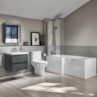 1700mm L Shaped Left Hand Bath Suite and Screen & Panel with 600mm Dark Grey Wall Hung Vanity Unit and Toilet - Portland