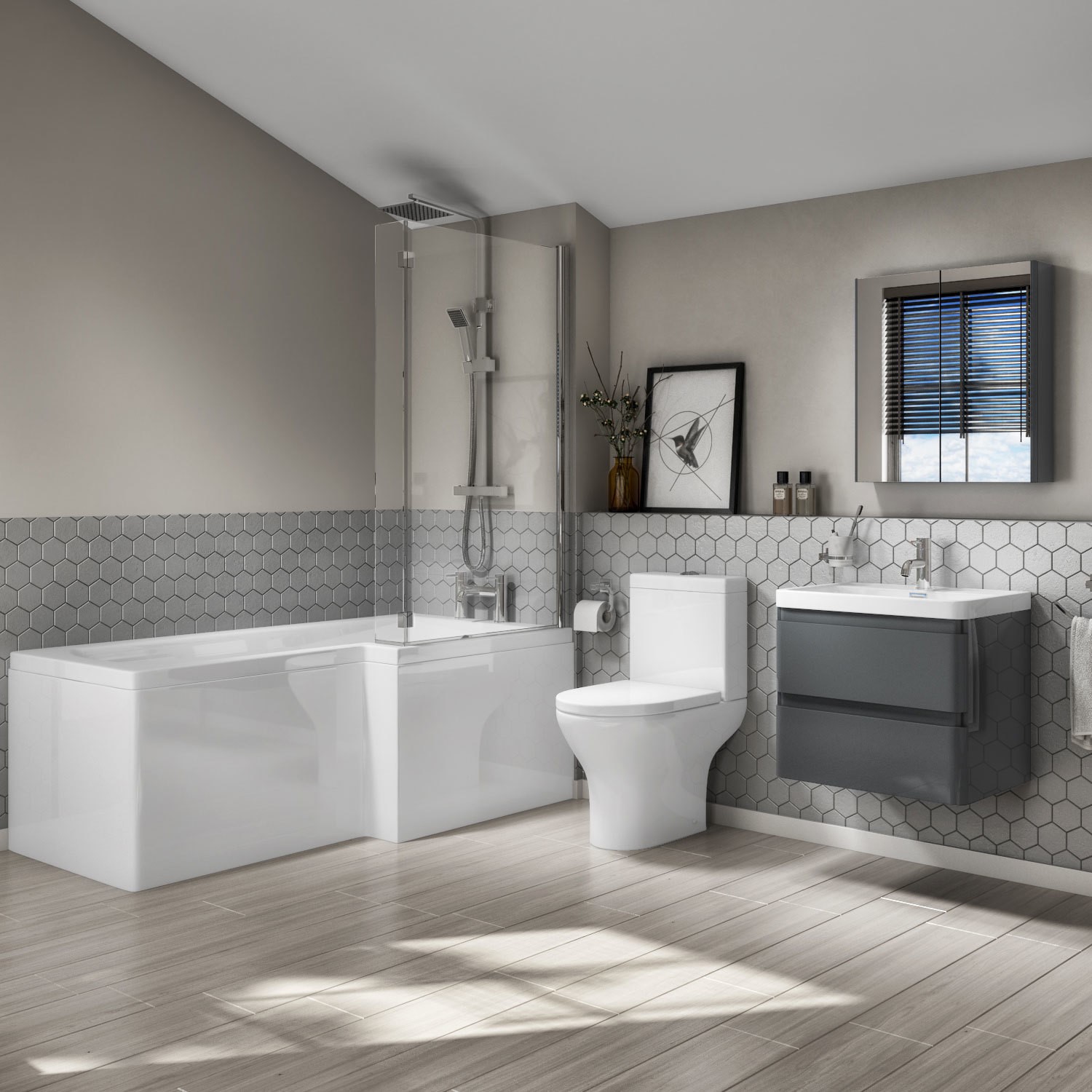 L Shaped Bath Suite With Toilet 600mm Dark Grey Wall Hung Vanity Unit Screen Panel Right Hand Better Bathrooms