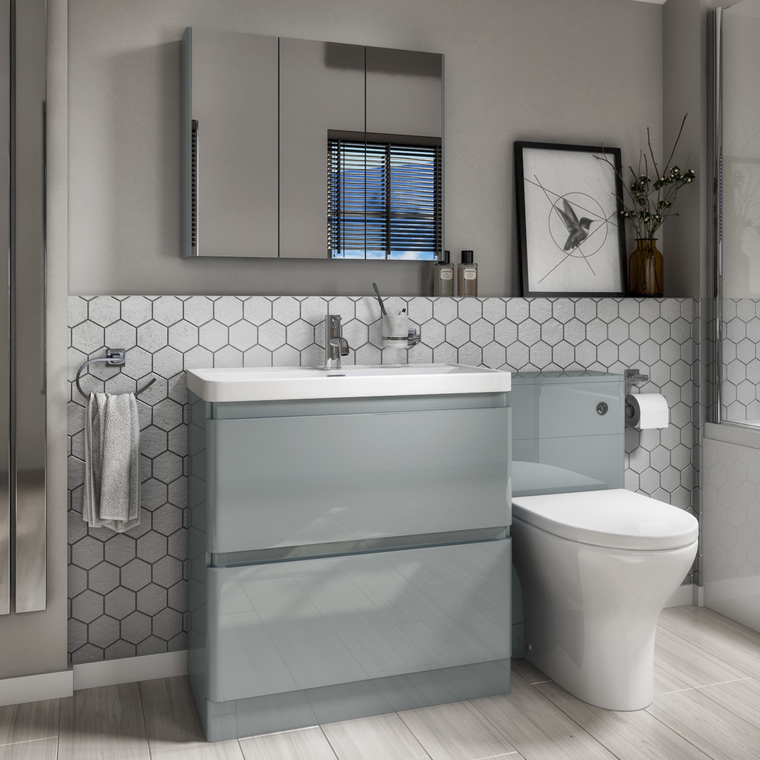 General Furniture 1300mm Toilet & Basin Combination Unit - 2 Drawer - Light Grey  - Portland