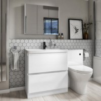 1300mm White Toilet and Sink Unit with Round Toilet Cistern and Black Push Button- Portland