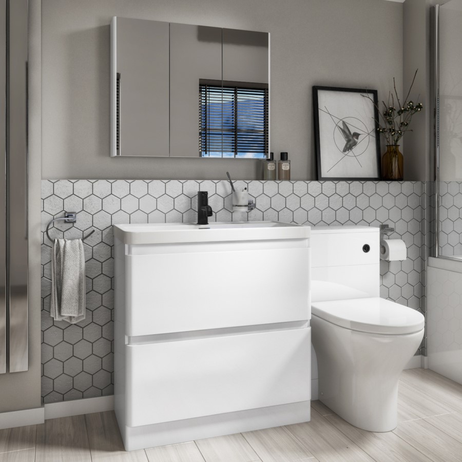 1300mm White Toilet and Sink Unit with Round Toilet Cistern and Black Push Button- Portland