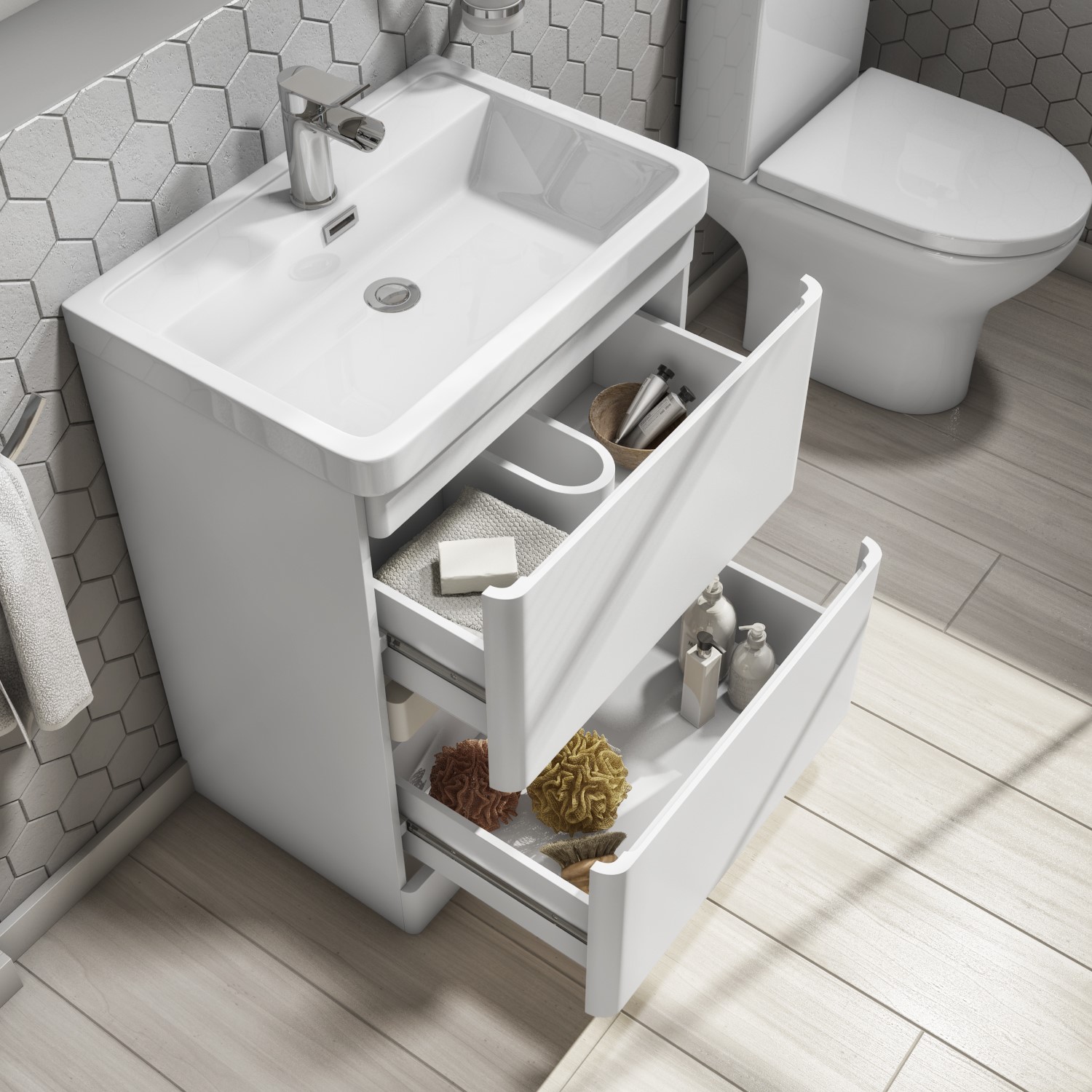600mm White Gloss Floorstanding Vanity Basin Unit With 2 Drawers Portland Better Bathrooms 