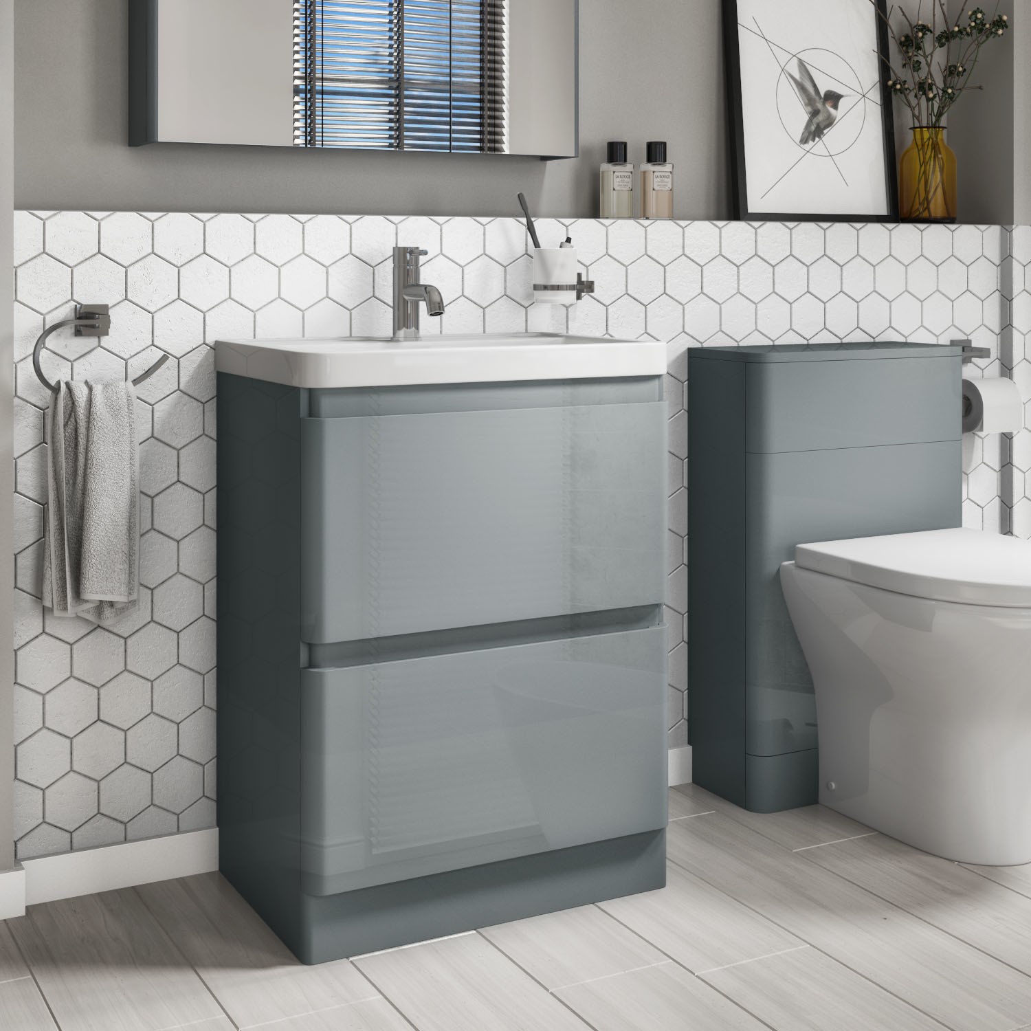 600mm Light Grey Gloss Floor Standing 2 Drawer Vanity Unit With Basin Portland Better Bathrooms