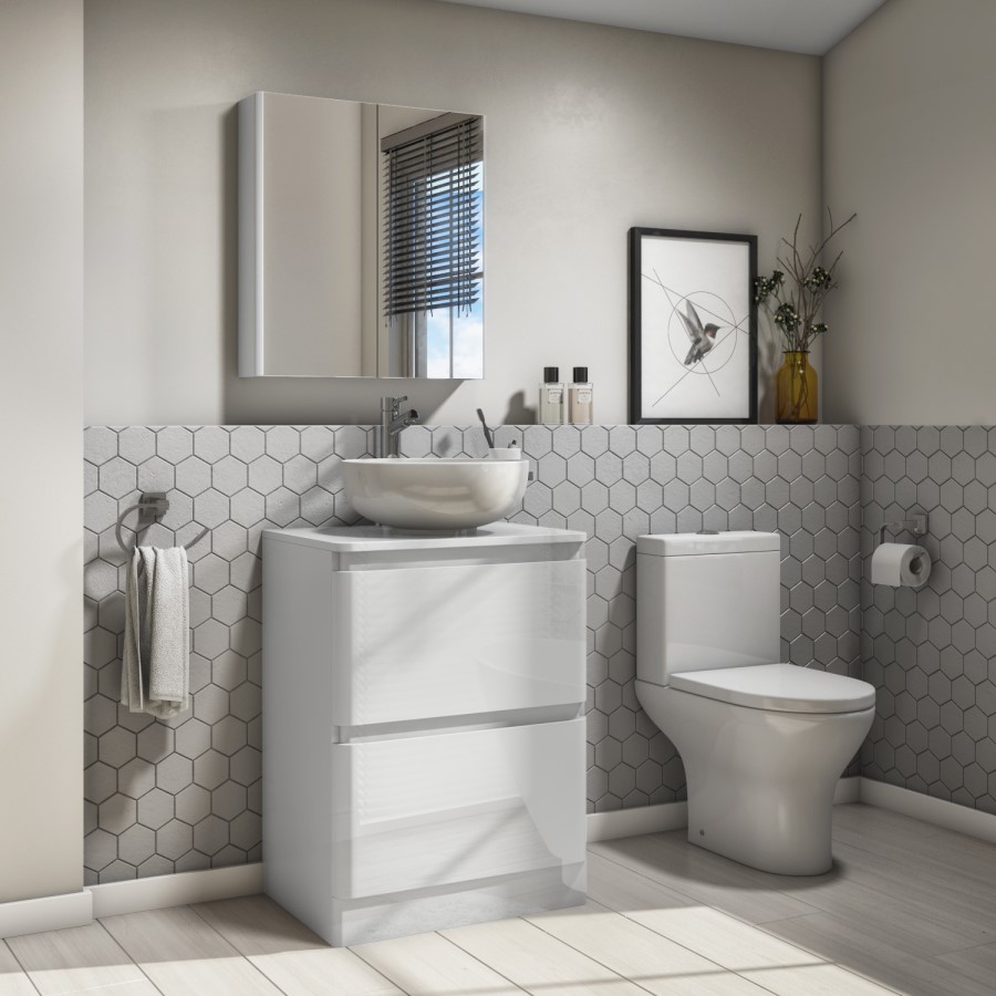 Portland 600mm Floor Standing Vanity Unit - White Gloss Double Drawer