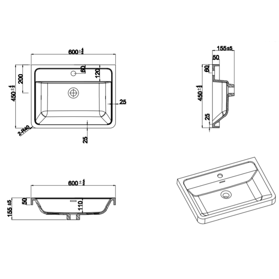 600mm White Wall Hung Vanity Unit with Sink - Portland