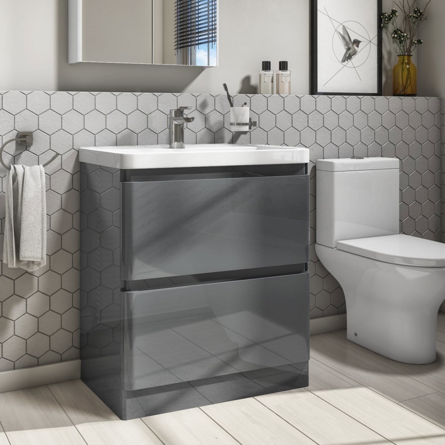 Dark Grey Freestanding Vanity Unit, High Gloss Bathroom Vanity Units