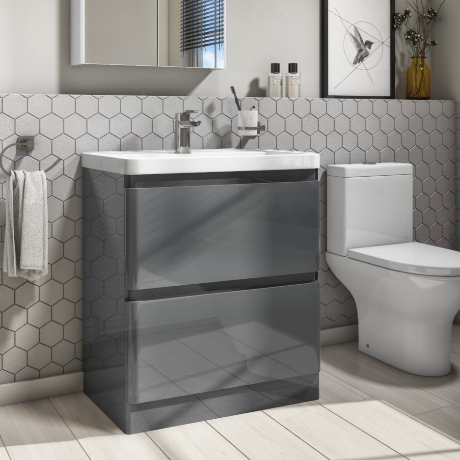 800mm Dark Grey Gloss Floor Standing 2 Drawer Vanity Unit with Basin ...