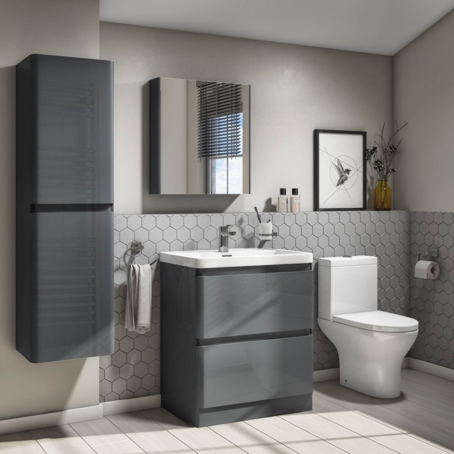 800mm Dark Grey Gloss Floor Standing 2 Drawer Vanity Unit with Basin
