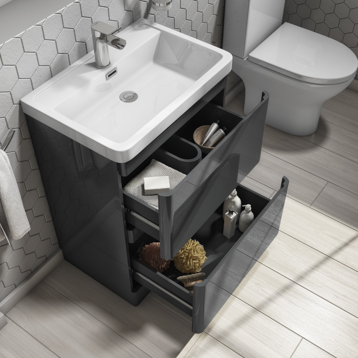 800mm Dark Grey Gloss Floor Standing 2 Drawer Vanity Unit With Basin Portland Better Bathrooms 800mm Dark Grey Gloss Floor Standing 2 Drawer Vanity Unit With Basin Portland Better Bathrooms