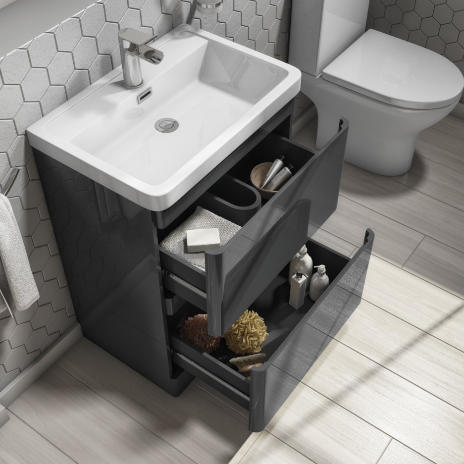 800mm Dark Grey Gloss Floor Standing 2 Drawer Vanity Unit with Basin