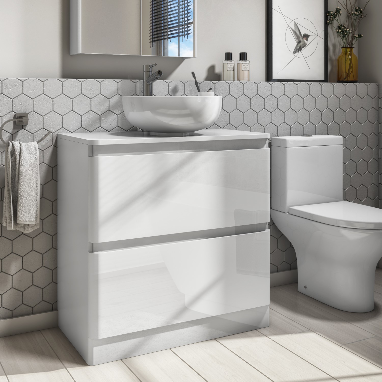 800mm Countertop Vanity Unit White Gloss Double Drawer Portland Range Better Bathrooms