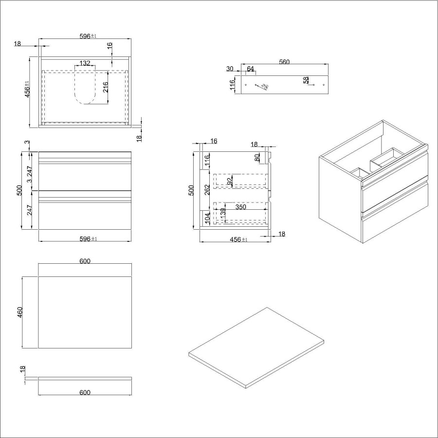 600mm White Wood Effect Wall Hung Countertop Vanity Unit with Basin - Boston