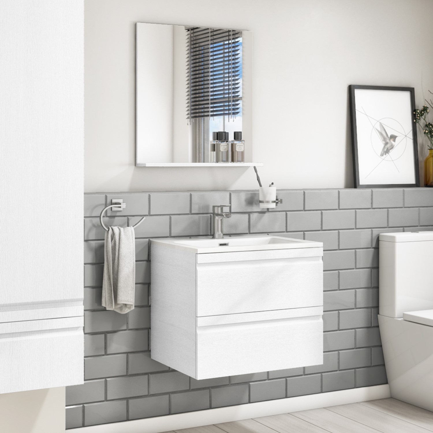 600mm White Wood Effect Wall Hung Vanity Unit and 600mm Mirror with