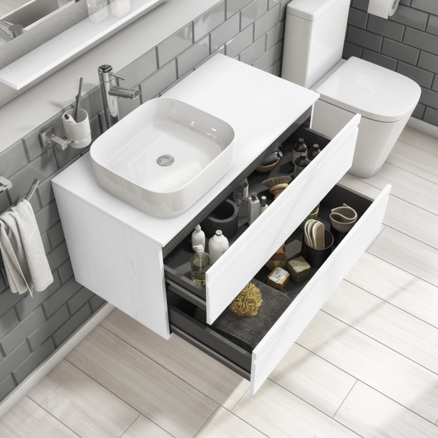 900mm White Wood Effect Wall Hung Countertop Vanity Unit with Basin - Boston