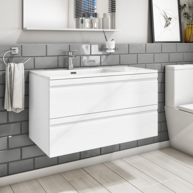 900mm White Wood Effect Wall Hung Vanity Unit with Basin - Boston