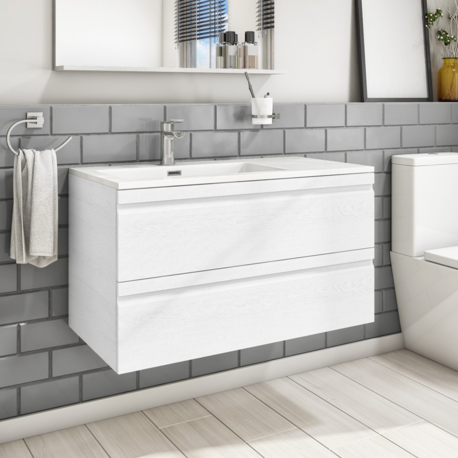 GRADE A1 - 900mm Wall Hung 2 Drawer Vanity Unit with Basin White - Boston