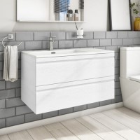 GRADE A1 - 900mm Wall Hung 2 Drawer Vanity Unit with Basin White - Boston GRADE A1 - 900mm Wall Hung 2 Drawer Vanity Unit with Basin White - Boston