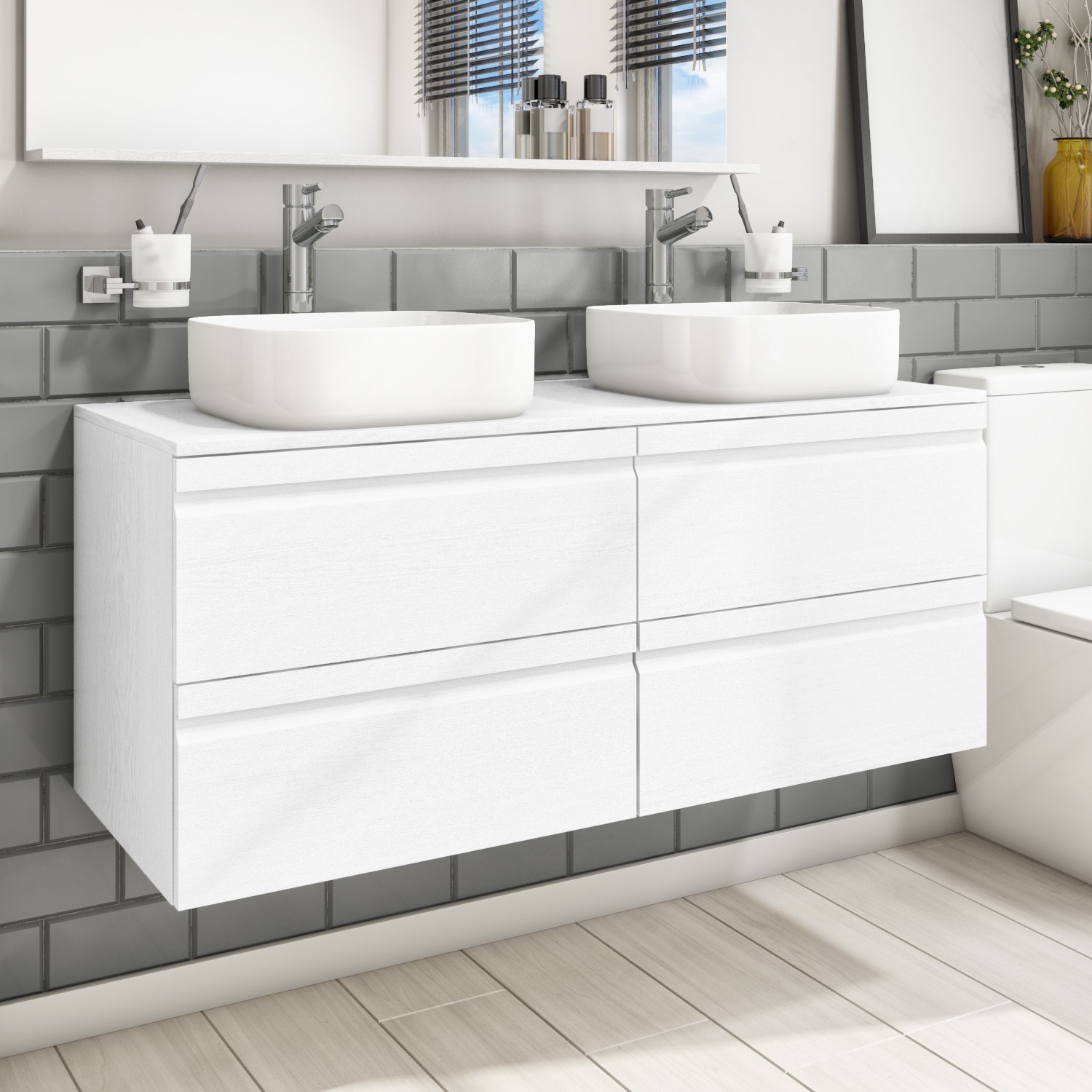 1200mm White Wood Effect Wall Hung, Double Countertop Vanity Unit