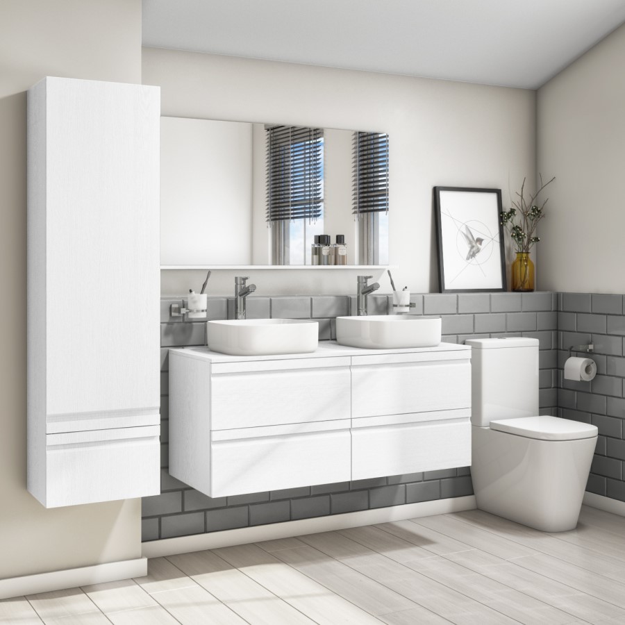 1200mm White Wood Effect Wall Hung Countertop Double Vanity Unit with Basins - Boston