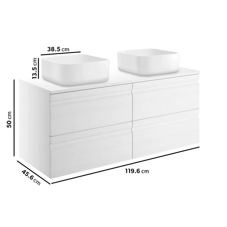 1200mm White Wood Effect Wall Hung Countertop Double Vanity Unit with Basins - Boston