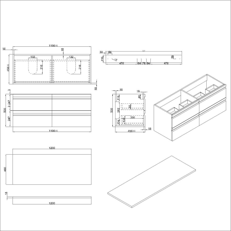 1200mm White Wood Effect Wall Hung Countertop Double Vanity Unit with Basins - Boston