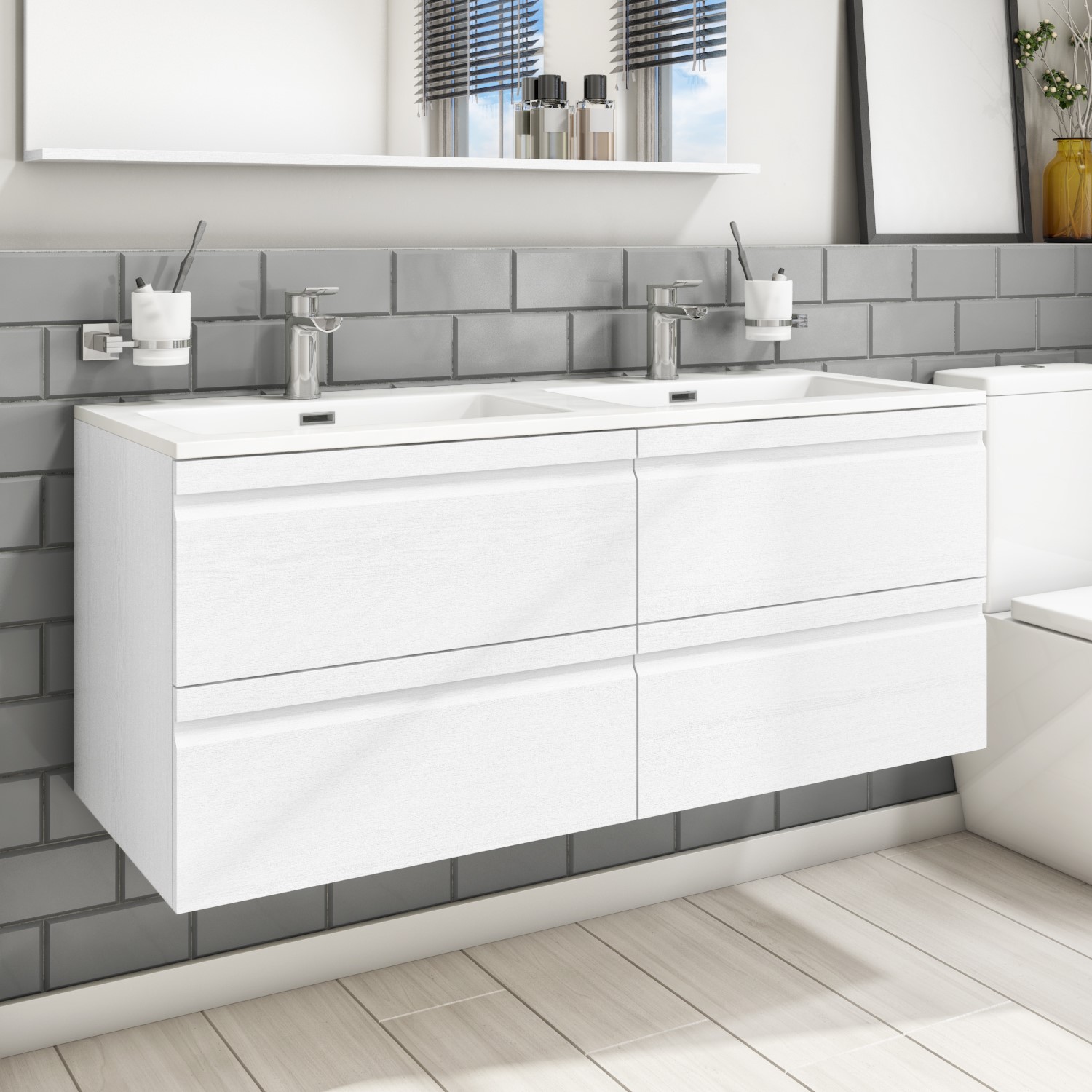 1200mm White Wall Hung Double Vanity, Small Double Sink Vanity Unit