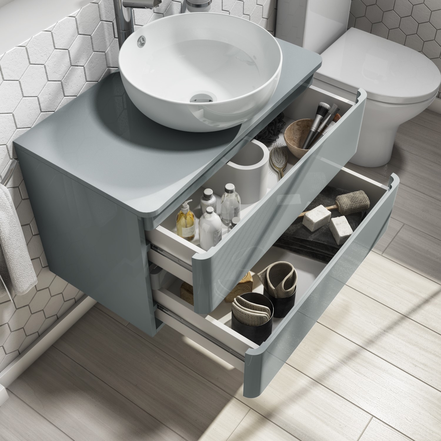 800mm Light Grey Gloss Wall Hung 2 Drawer Countertop Vanity Unit Portland Better Bathrooms 800mm Light Grey Gloss Wall Hung 2 Drawer Countertop Vanity Unit Portland Better Bathrooms