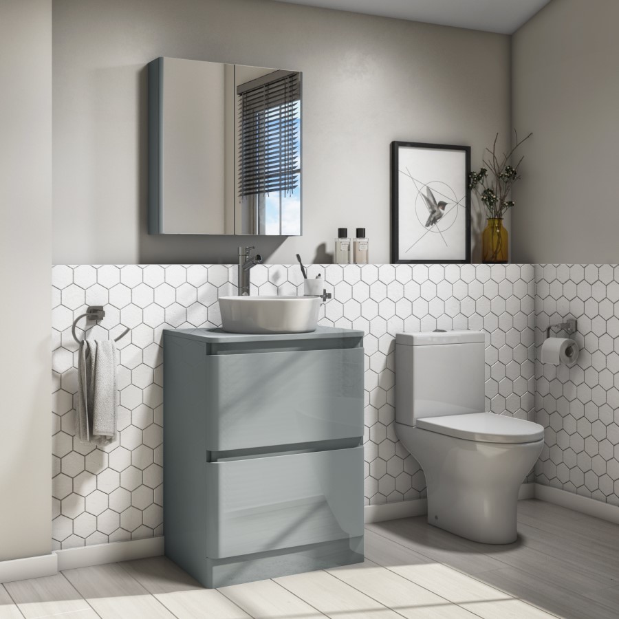 600mm Light Grey Freestanding Countertop Vanity Unit with Basin - Portland