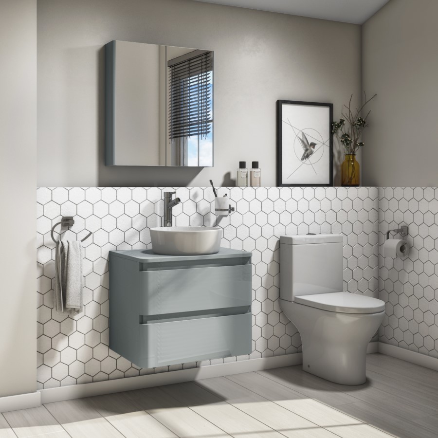 600mm Light Grey Wall Hung Countertop Vanity Unit with Basin - Portland