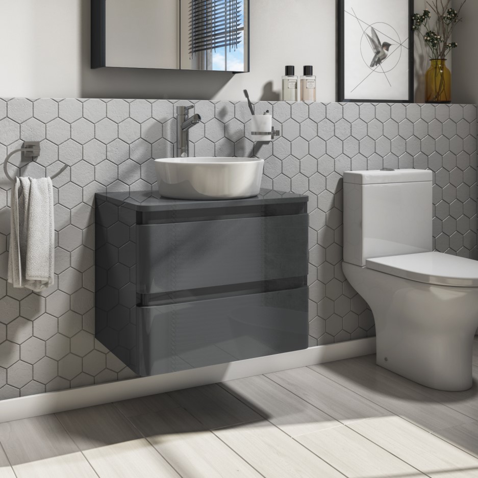 600mm Dark Grey Gloss Wall Hung Vanity Unit with 415mm Countertop Basin ...