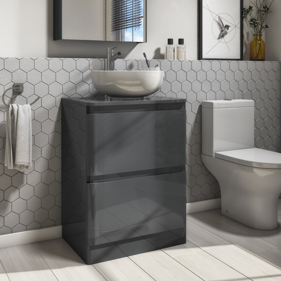 600mm Dark Grey Gloss Floorstanding Vanity Unit with Countertop - Portland
