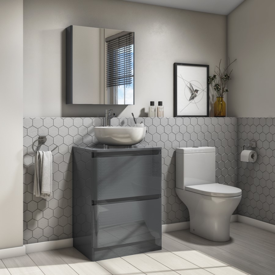 600mm Dark Grey Gloss Floorstanding Vanity Unit with Countertop - Portland
