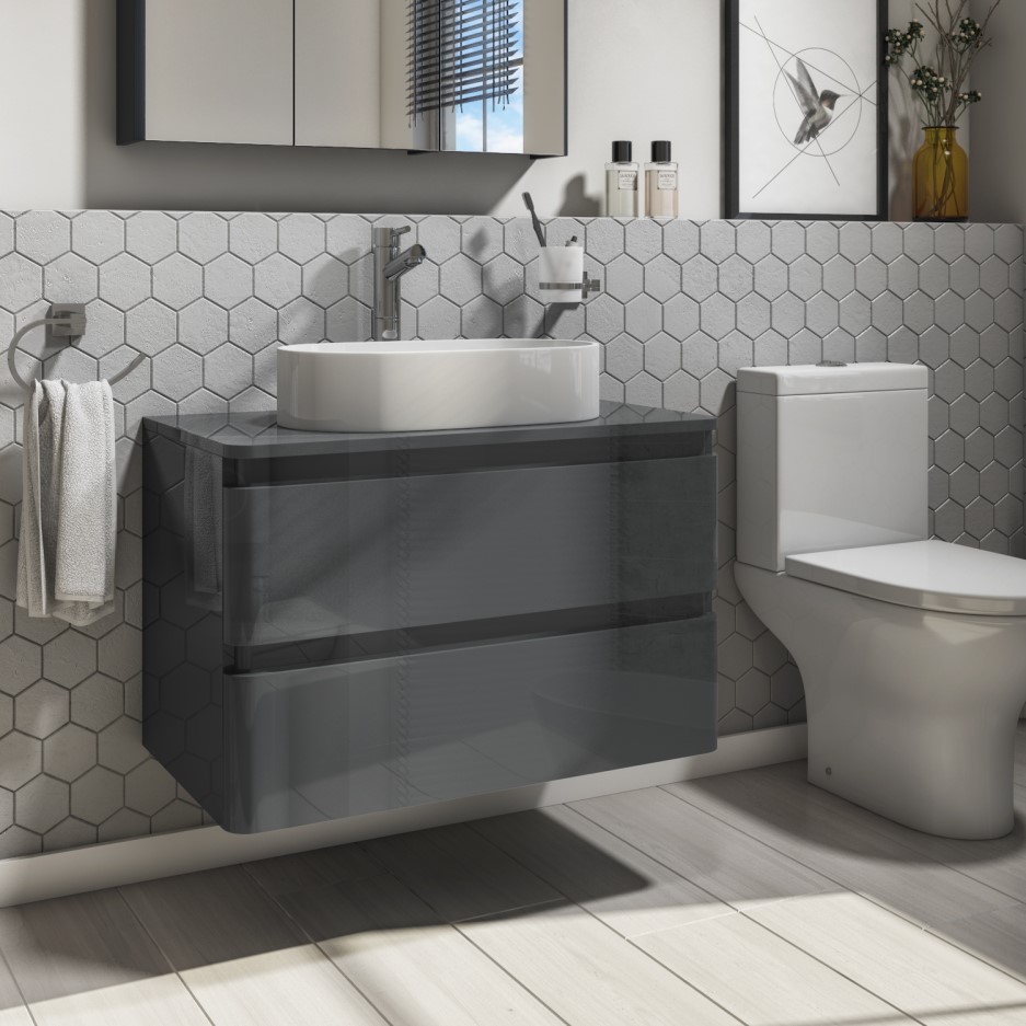 800mm Dark Grey Gloss Wall Hung Countertop Vanity Unit with 525mm Basin