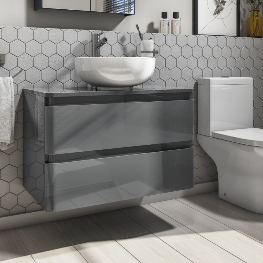800mm Dark Grey Gloss Wall Hung 2 Drawer Countertop Vanity Unit  - Portland