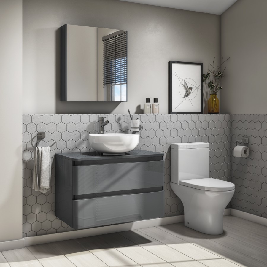 800mm Dark Grey Gloss Wall Hung 2 Drawer Countertop Vanity Unit  - Portland