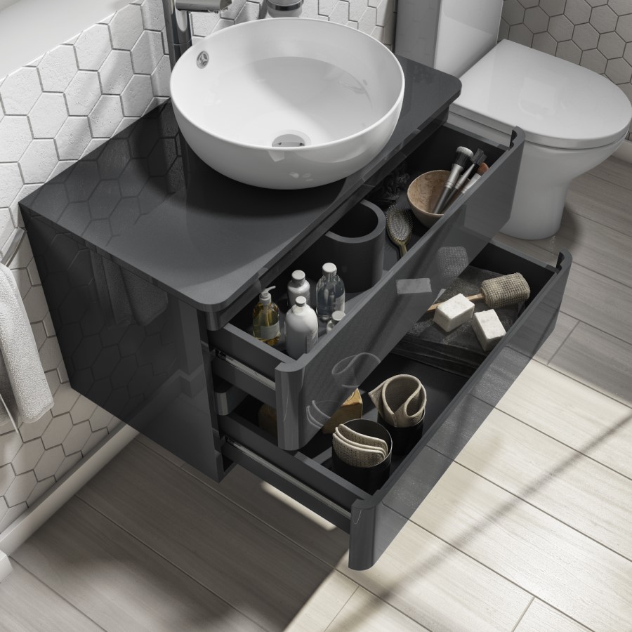 800mm Dark Grey Gloss Wall Hung 2 Drawer Countertop Vanity Unit  - Portland