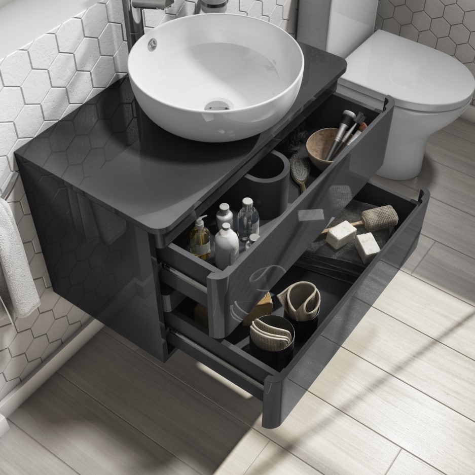 800mm Dark Grey Gloss Wall Hung 2 Drawer Countertop Vanity Unit