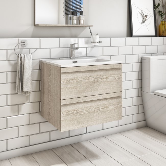 600mm Light Wood Effect Wall Hung Vanity Unit with Basin - Boston ...