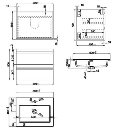 600mm Wall Hung 2 Drawer Vanity Unit Light Oak - Boston